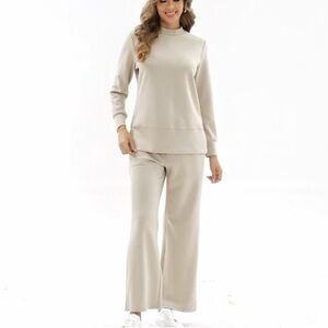 NEW Lounge Wear Rayon Blend Sweater with Wide Leg Pants Set Size M Neutral Cozy